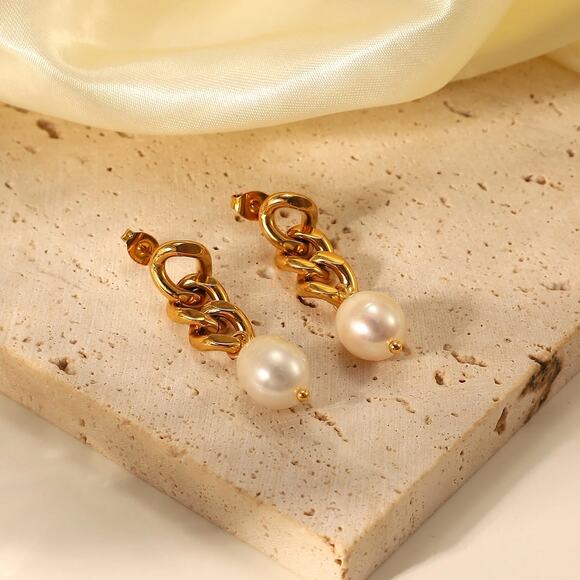 Baroque Freshwater Pearl Drop 18K Gold‎ Earrings Stainless Steel - Picture 7 of 13